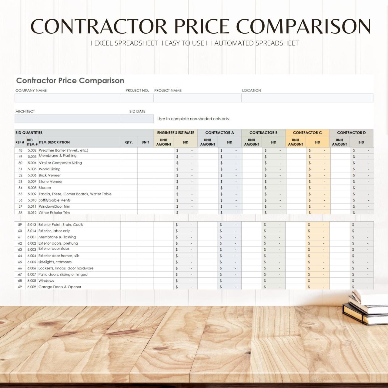 Detailed contractor price comparison excel template construction vendor ...